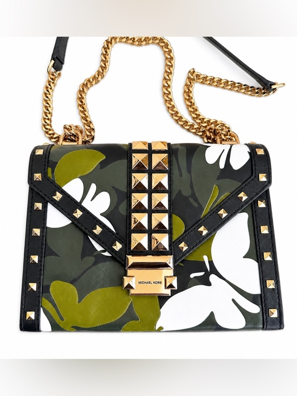 NWT Michael Kors Whitney Butterfly Camo Bag Black Leather Shoulder Crossbody Y2K